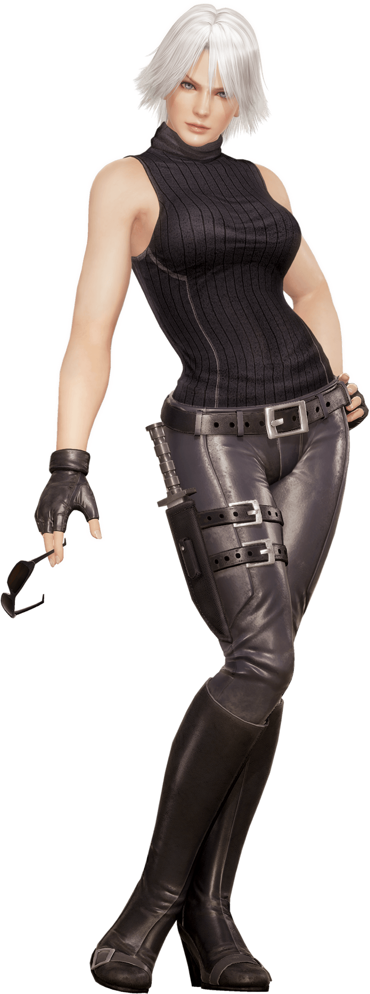 1girl belt boots breasts christie_(doa) copyright dead_or_alive fingerless_gloves gloves hand_on_hip holding holding_eyewear knife looking_at_viewer parted_lips short_hair solo sunglasses tagme turtleneck white_hair