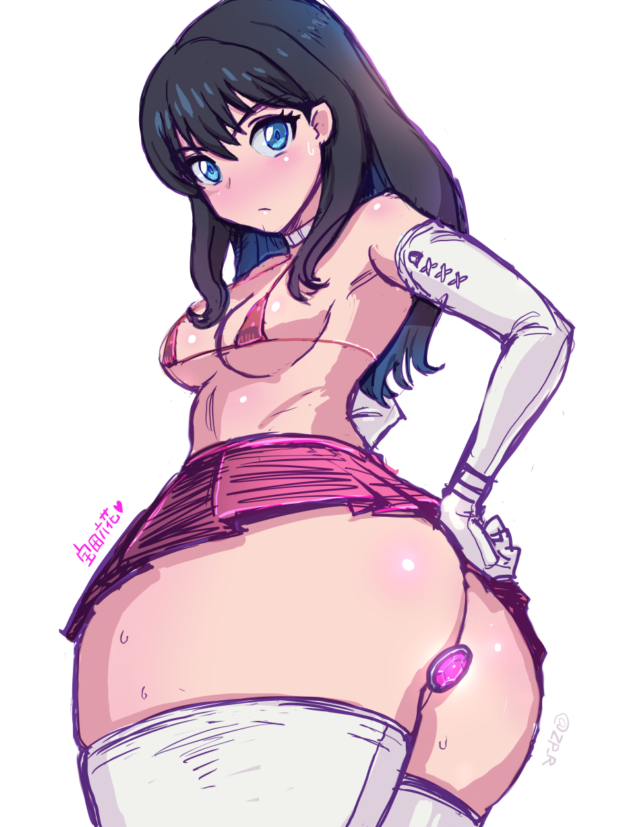 1girl anal anal_object_insertion ass bikini black_hair blue_eyes blush breasts butt_plug gridman_(ssss) huge_ass looking_at_viewer micro_bikini miniskirt object_insertion skirt solo swimsuit takarada_rikka thighhighs zero_hime