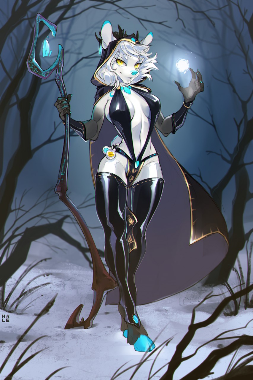 antlers armwear bikini blue_nose breasts cervine cloak clothed clothing crystal female forest fur hair hale. hi_res hooves horn jewelry legwear loincloth looking_at_viewer magic mammal nosivi potion rubber short_hair skimpy sling_bikini solo staff standing swimsuit thigh_highs tree white_fur white_hair yellow_eyes
