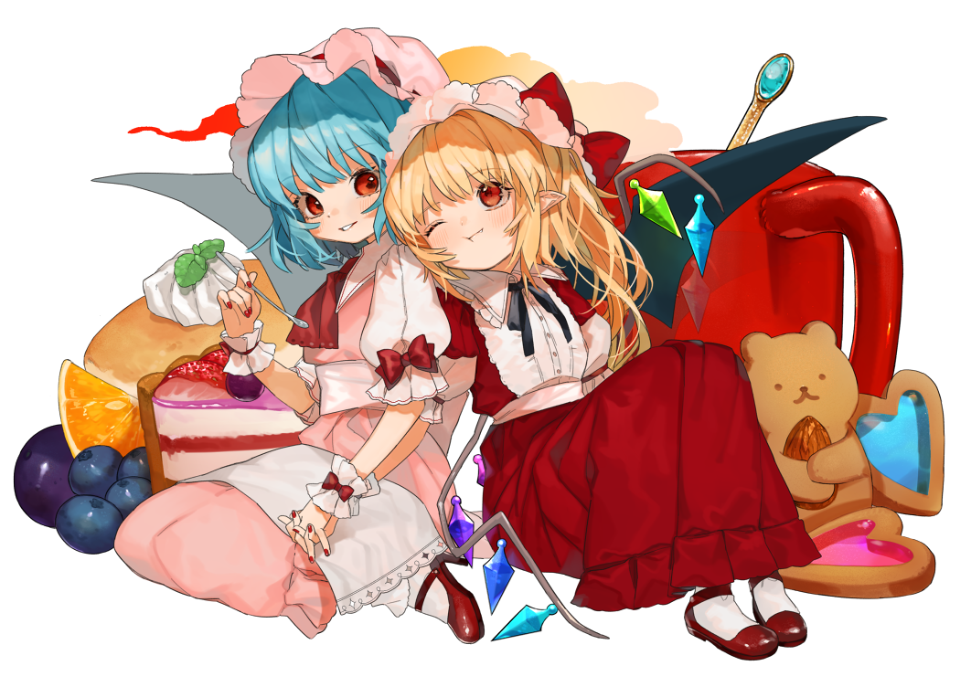 ;t adapted_costume almond ascot bangs bat_wings bear black_neckwear black_ribbon blonde_hair blue_hair blueberry blush bobby_socks bow commentary cream crystal dress eyebrows_visible_through_hair fang_out flandre_scarlet food frilled_shirt_collar frills fruit gotoh510 grapes hand_up handkerchief hat hat_bow head_tilt heart high_heels holding holding_hands holding_spoon interlocked_fingers knees_up long_dress long_hair looking_at_another mary_janes mob_cap multiple_girls nail_polish neck_ribbon one_eye_closed one_side_up orange pancake parted_lips pink_dress pink_hat pointy_ears puffy_short_sleeves puffy_sleeves red_bow red_dress red_eyes red_footwear red_nails red_neckwear remilia_scarlet ribbon sash shoes short_sleeves siblings sisters sitting smile socks spoon touhou transparent_background wariza white_legwear white_sash wings wrist_cuffs
