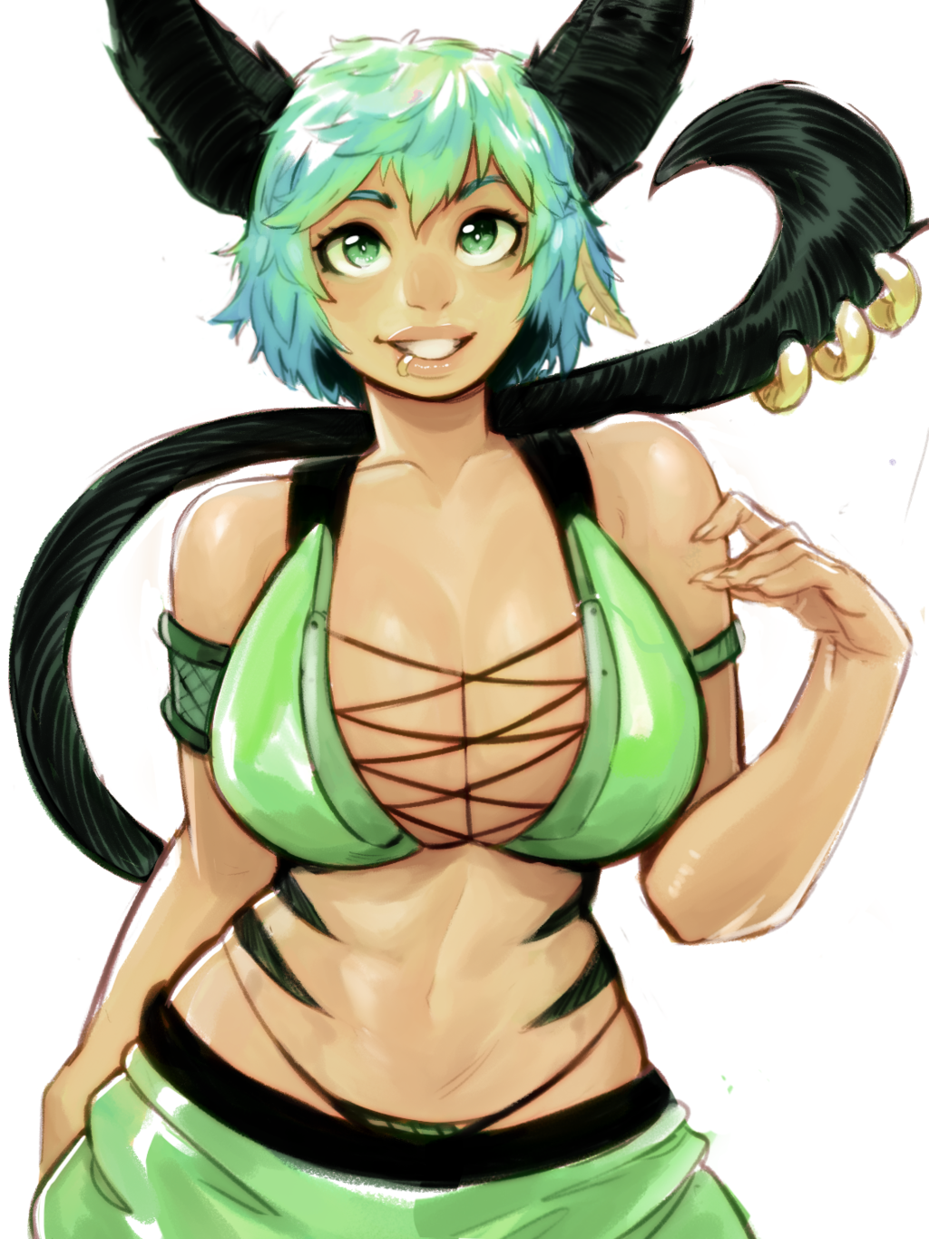 animal_ears armband armlet bikini bikini_top borrowed_character breasts cat_ears cat_girl cat_tail cleavage commentary english_commentary eymbee green green_bikini green_eyes green_hair grin highres large_breasts lip_piercing lips lowleg lowleg_pants navel original pants piercing short_hair smile solo standing swimsuit tail tail_piercing tail_ring white_background