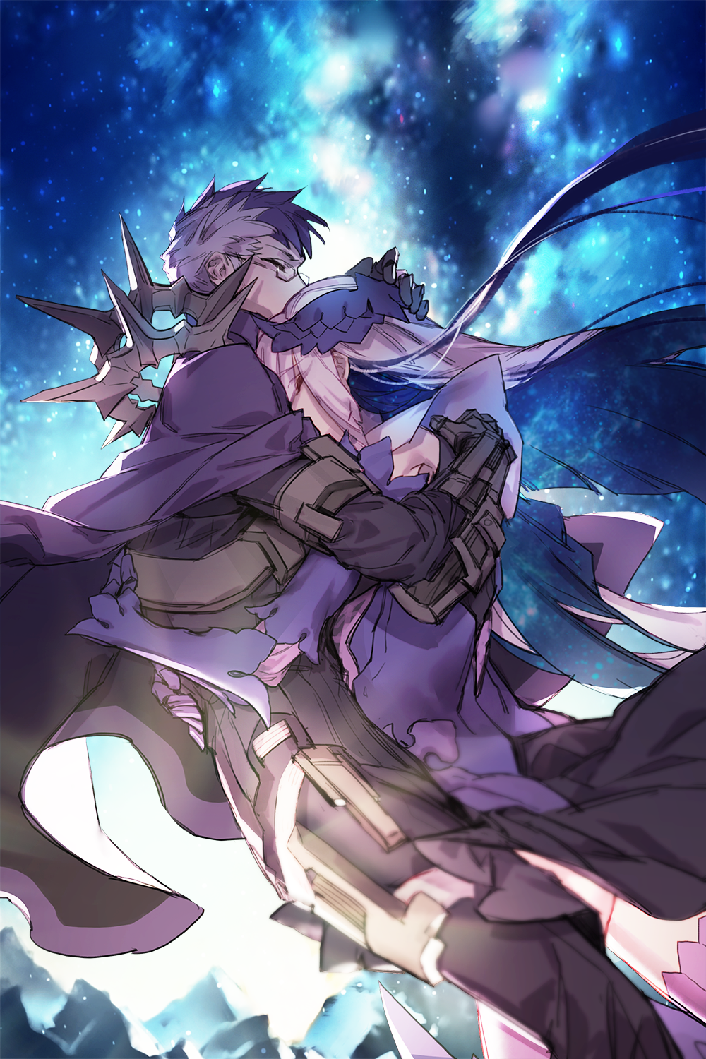 1girl armor black_skirt brynhildr_(fate) cape closed_eyes commentary_request fate/grand_order fate/prototype fate/prototype:_fragments_of_blue_and_silver fate_(series) glasses highres hug krab long_hair multicolored_hair night night_sky purple_cape purple_hair sigurd_(fate/grand_order) silver_hair skirt sky star_(sky) starry_sky two-tone_hair very_long_hair white_hair