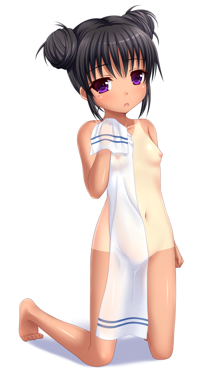 :o bangs barefoot black_hair blush breasts collarbone copyright_request covered_nipples covering double_bun eyebrows_visible_through_hair groin hair_between_eyes highres holding holding_towel ki_(kk-sk-ray) kneeling mole mole_under_eye navel nipples nude_cover one-piece_tan parted_lips purple_eyes see-through shadow side_bun sidelocks small_breasts solo tan tanline toenails towel white_background