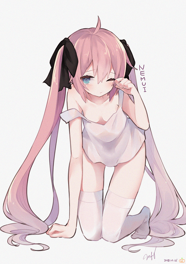 ahoge all_fours arm_support arm_up bangs bare_arms bare_shoulders black_bow blue_eyes blush bow breasts collarbone commentary dated dress english_commentary eyebrows_visible_through_hair grey_background hair_between_eyes hair_bow long_hair mimelond no_shoes one_eye_closed original pink_hair romaji rubbing_eyes signature simple_background sleepy sleeveless sleeveless_dress small_breasts solo strap_slip thighhighs translated twintails very_long_hair white_dress white_legwear