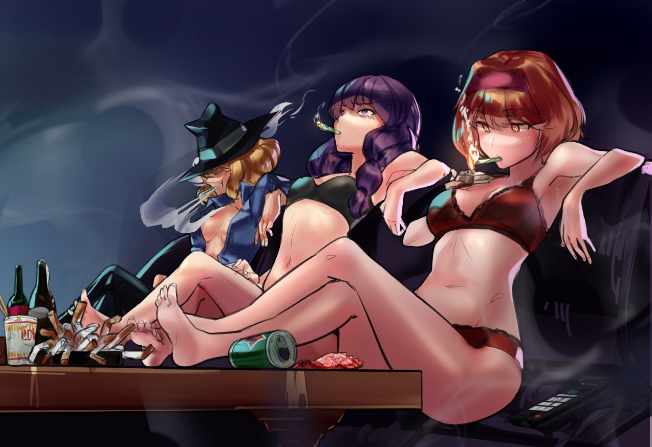 alice_margatroid arm_rest armpits ashtray bare_arms bare_legs bare_shoulders barefoot black_bra black_hat black_pants blonde_hair blue_shirt bottle bra breasts brown_bra brown_eyes brown_panties can chopsticks cigarette collared_shirt commentary_request controller cookie_(touhou) couch cup_ramen feet fire grin hair_over_eyes hairband hat hinase_(cookie) jigen_(cookie) kirisame_marisa lighter long_hair marijuana medium_breasts megafaiarou_(talonflame_810) mouth_hold multiple_girls navel no_bra open_clothes open_shirt panties pants patchouli_knowledge purple_eyes purple_hair red_hairband remote_control shirt sitting smile smoke smoking spill taisa_(cookie) teeth touhou trash underwear underwear_only wing_collar