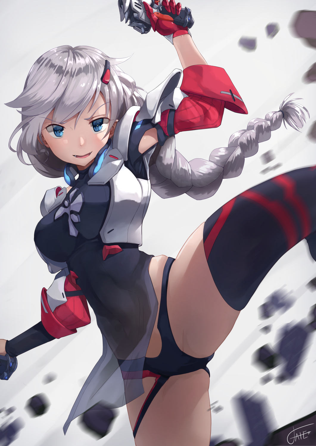 action arm_cutout arm_up armor ass_visible_through_thighs bangs blue_eyes blush braid breasts commentary_request covered_navel detached_sleeves dress dual_wielding ekusufeito eyebrows_visible_through_hair floating_hair gloves groin gun hair_between_eyes hair_ornament hands_up hel_bow_(honkai_impact) highres holding holding_gun holding_weapon honkai_impact kallen_kaslana kicking large_breasts long_hair looking_at_viewer motion_blur neck_guard open_mouth pelvic_curtain rubble see-through short_dress signature silver_hair single_braid single_glove single_thighhigh smile solo standing standing_on_one_leg thighhighs thighs tied_hair turtleneck_dress weapon wind