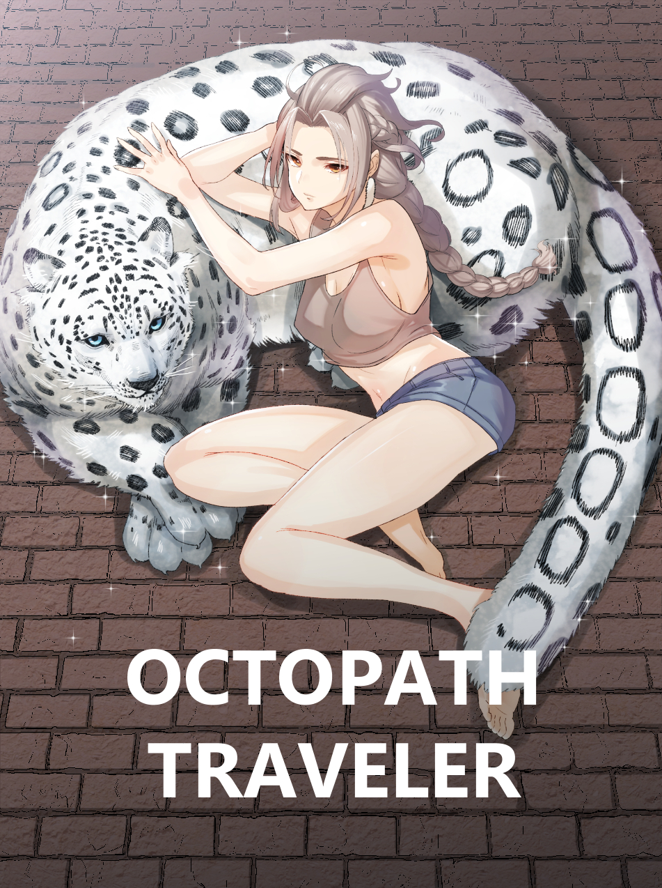 alternate_costume animal bare_shoulders barefoot blonde_hair braid breasts commentary_request contemporary floor green322 h'aanit_(octopath_traveler) highres linde_(octopath_traveler) long_hair looking_at_viewer midriff navel octopath_traveler shorts snow_leopard solo tank_top
