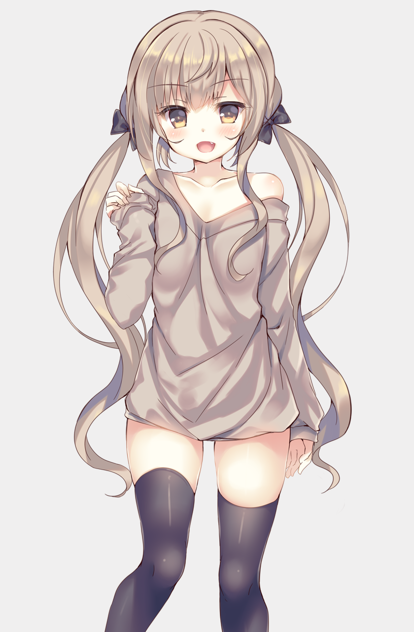 :d bangs bare_shoulders black_bow black_legwear blush bow breasts brown_background brown_eyes brown_shirt collarbone eyebrows_visible_through_hair fang fingernails hair_bow hand_up highres light_brown_hair long_hair long_sleeves looking_at_viewer low_twintails off_shoulder open_mouth original shirt sidelocks simple_background sleeves_past_wrists small_breasts smile solo standing suzune_rena thighhighs tied_hair twintails very_long_hair