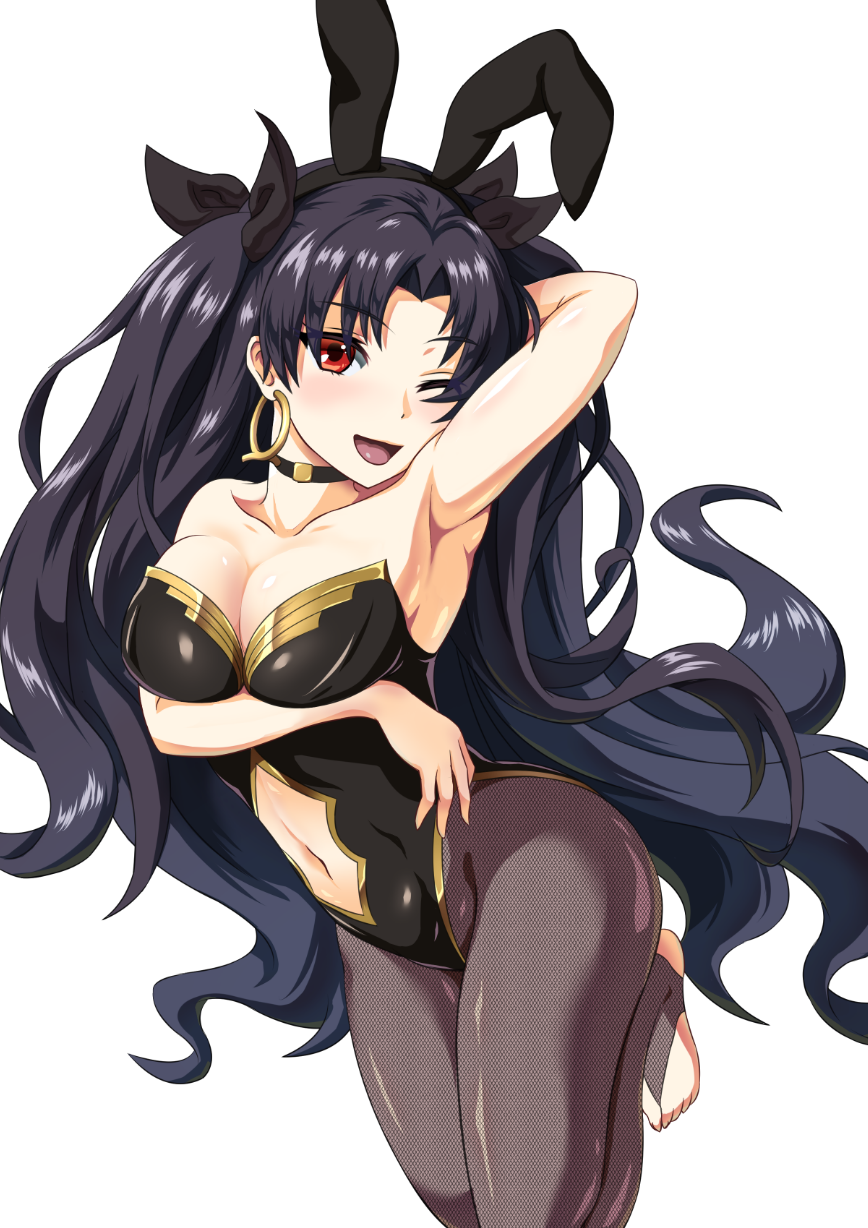 1girl ;d alternate_costume animal_ears arm arm_behind_head arm_up armpits bangs bare_arms black_choker black_hair black_leotard black_ribbon blush breast_hold breasts bunny_ears bunny_girl bunnysuit choker cleavage collarbone earrings eyebrows_visible_through_hair eyes_visible_through_hair fate/grand_order fate_(series) female fishnet_pantyhose fishnets floating_hair full_body grey_legwear hair_ribbon happy highres hoop_earrings ishtar_(fate/grand_order) jewelry large_breasts leotard long_hair looking_at_viewer navel navel_cutout neck necklace one_eye_closed open_mouth pantyhose parted_bangs red_eyes ribbon shiny shiny_hair simple_background smile solo strapless strapless_leotard toes tohsaka_rin two_side_up type-moon urayama_(backmountain) very_long_hair wavy_hair white_background wink