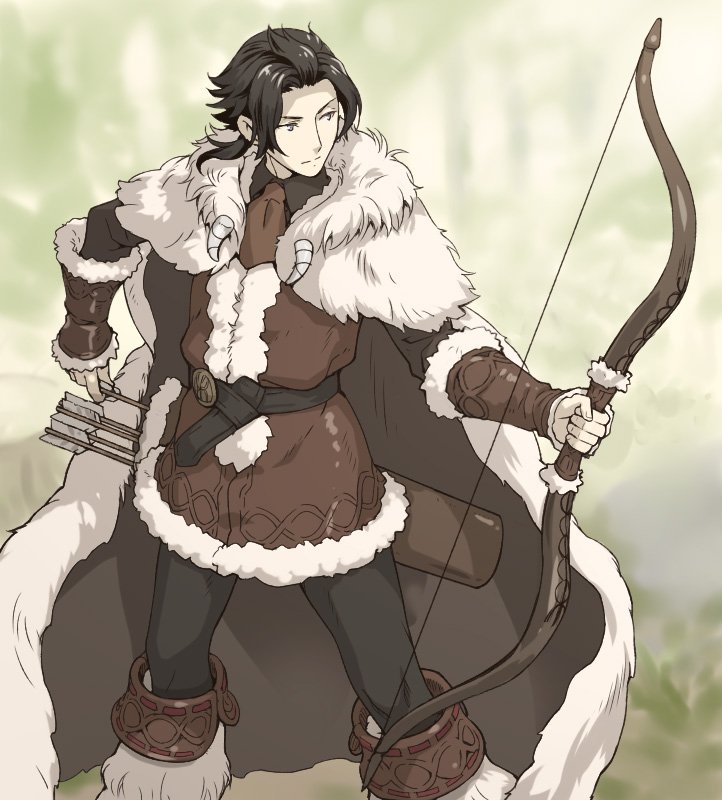 alternate_costume brown_hair cyrus_(octopath_traveler) forest fur_trim jacket long_hair male_focus nature octopath_traveler ponytail shikimiorange short_hair simple_background solo weapon