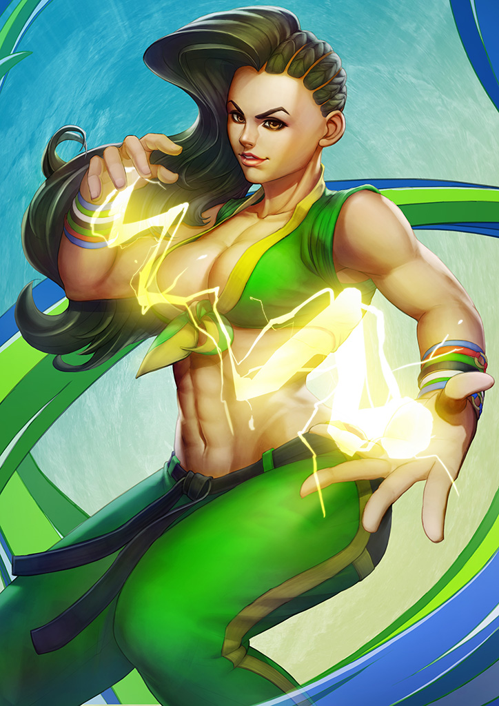 1girl abs bracelet breasts cleavage cornrows crop_top front-tie_top jewelry lips midriff pants sleeveless smile solo street_fighter wavy_hair