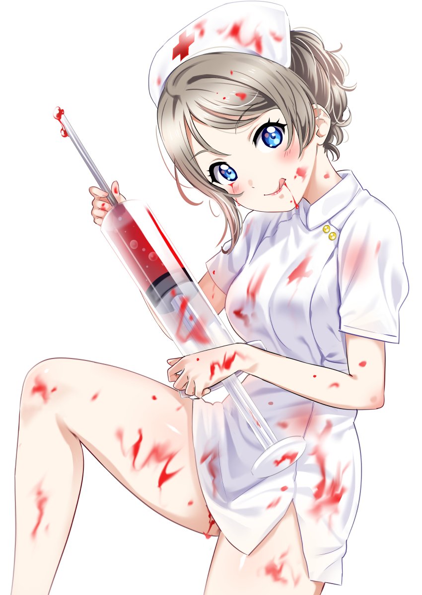 :q alternate_hairstyle bangs bare_legs blood blood_from_mouth blood_on_face blood_on_leg blood_stain bloody_clothes bloody_hair bloody_hands blue_eyes blush breasts dress eyebrows_visible_through_hair grey_hair hair_between_eyes hat highres knee_up leg_up legs licking_lips looking_at_viewer love_live! love_live!_sunshine!! medium_breasts needle nurse nurse_cap oversized_object rozen5 short_hair sidelocks simple_background skirt solo standing standing_on_one_leg syringe thighs tongue tongue_out watanabe_you white_background white_dress white_skirt