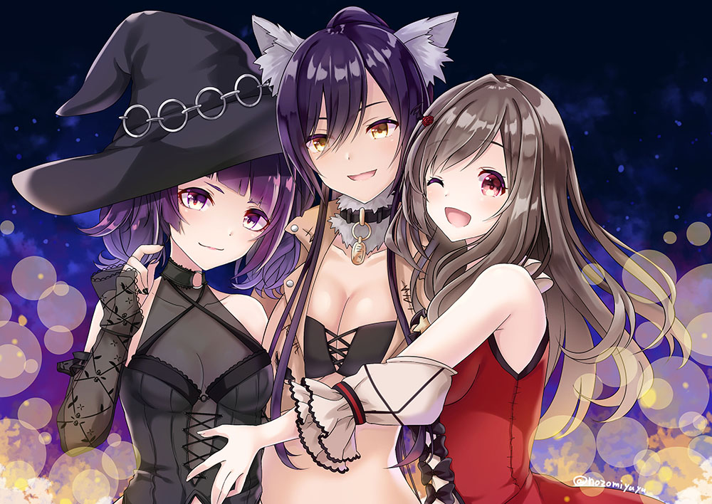 :d ;d animal_ears bangs bare_shoulders beige_jacket black_dress black_hair blush breasts brown_hair choker cleavage closed_mouth collar collarbone commentary_request cropped_jacket detached_sleeves diagonal_bangs dog_tags dress fur_collar girl_sandwich hair_between_eyes halloween hat high_ponytail idolmaster idolmaster_shiny_colors jewelry large_breasts long_hair looking_at_viewer midriff multiple_girls nail_polish nozomiyuyu one_eye_closed open_mouth pink_eyes ponytail purple_eyes purple_hair red_dress sandwiched shirase_sakuya short_twintails small_breasts smile tanaka_mamimi tsukioka_kogane twintails witch_hat wolf_ears yellow_eyes
