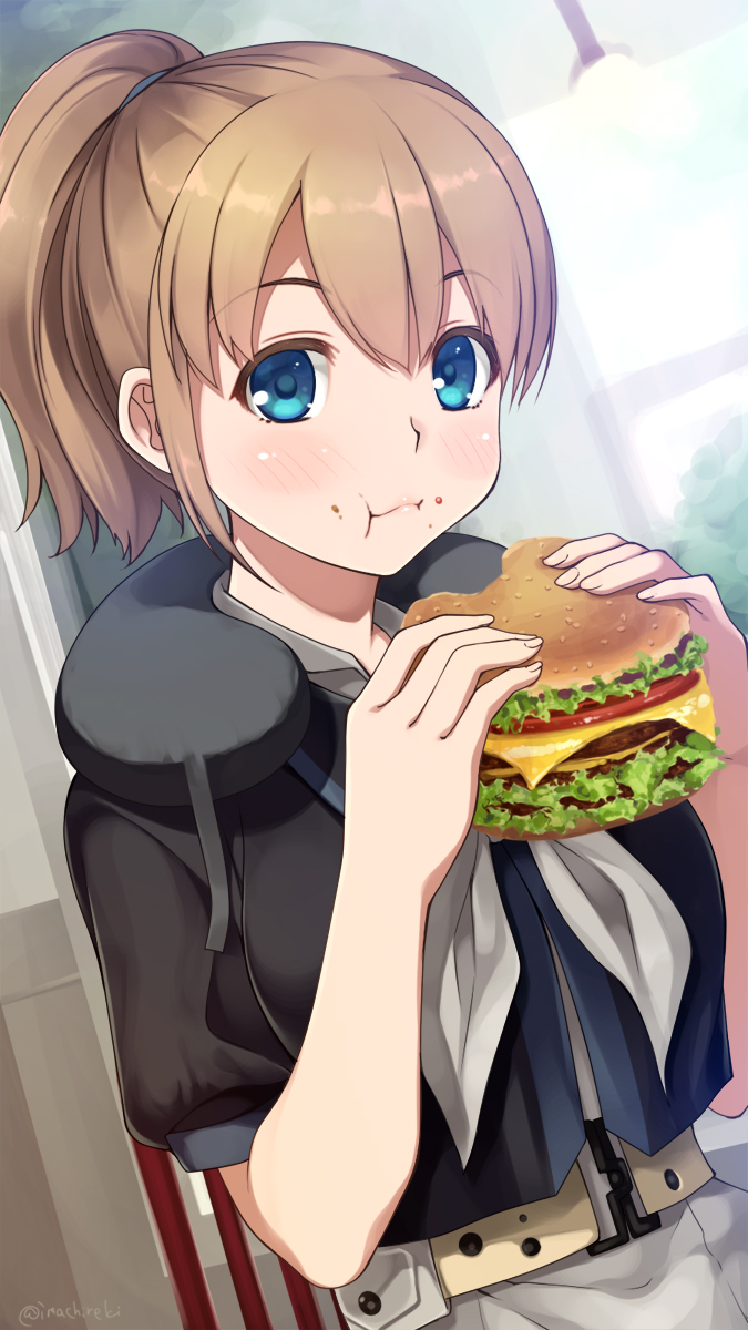 :t bangs belt black_shirt blue_eyes blush breasts brown_hair closed_mouth commentary_request eating eyebrows_visible_through_hair food food_on_face grey_neckwear hair_between_eyes hamburger highres holding holding_food imachireki intrepid_(kantai_collection) kantai_collection large_breasts looking_at_viewer miniskirt neck_pillow ponytail sandwich shirt short_hair signature sitting skirt solo twitter_username white_neckwear white_skirt