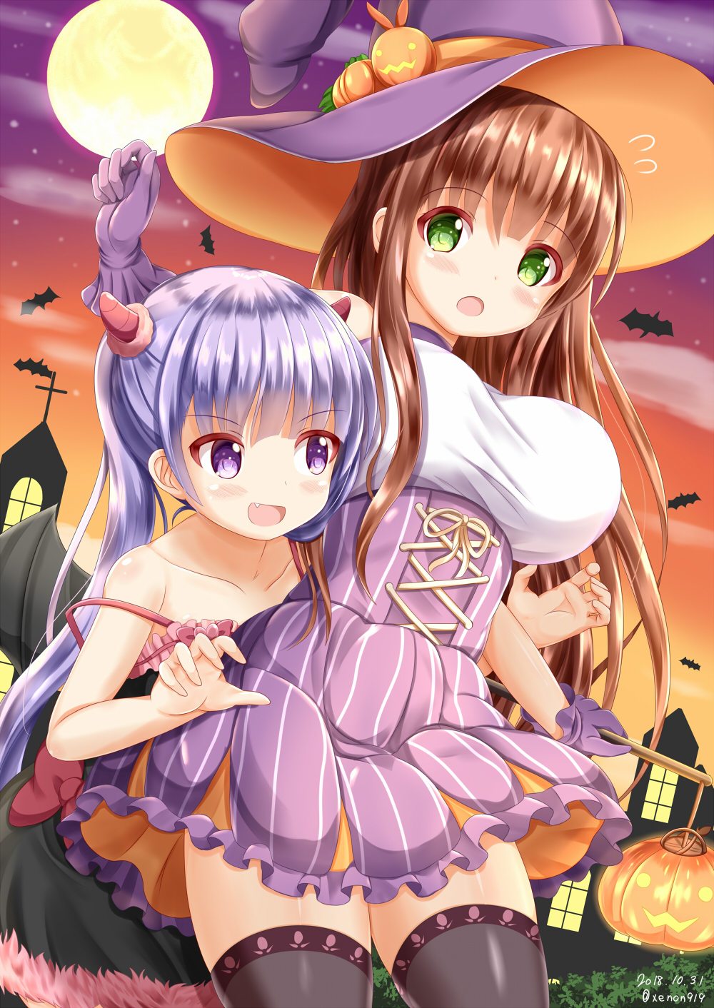 :d :o bangs bare_arms bare_shoulders black_dress black_wings blush breasts brown_hair brown_legwear collarbone commentary_request company_connection cross-laced_clothes dated demon_wings dress eyebrows_visible_through_hair fang flying_sweatdrops fur-trimmed_dress gloves gochuumon_wa_usagi_desu_ka? green_eyes hair_between_eyes halloween hat high-waist_skirt highres holding horns jack-o'-lantern large_breasts long_hair manga_time_kirara multiple_girls new_game! open_mouth purple_eyes purple_gloves purple_hair purple_hat purple_skirt sidelocks skirt sleeveless sleeveless_dress smile strap_slip striped suzukaze_aoba thighhighs twintails twitter_username ujimatsu_chiya vertical-striped_skirt vertical_stripes very_long_hair wings witch_hat zenon_(for_achieve)
