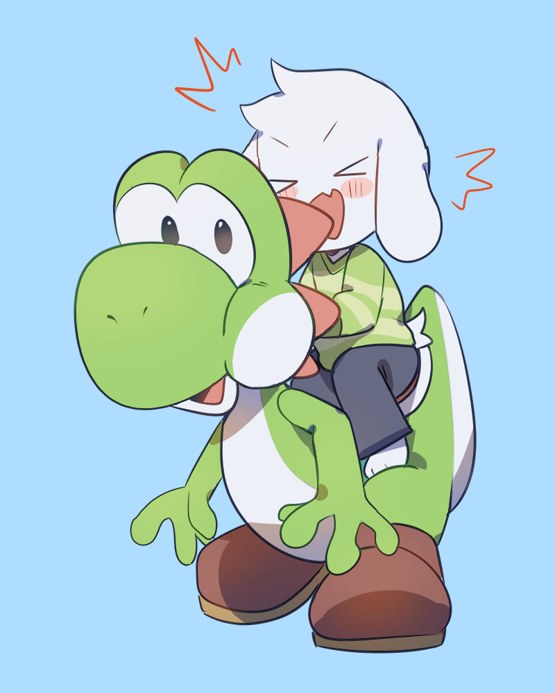 asriel_dreemurr blush boss_monster caprine child clothed clothing crossover crybleat cub eyes_closed floppy_ears goat green_yoshi happy hi_res male mammal mario_bros nintendo open_mouth reptile riding scalie undertale video_games yoshi young