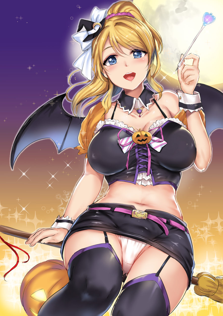 :d arm_at_side ass_visible_through_thighs ayase_eli bangs bare_shoulders bat_wings belt black_hat black_legwear black_wings blonde_hair blue_eyes blush breasts broom broom_riding cleavage collarbone commentary_request covered_nipples crescent crescent_moon_pin cross-laced_clothes detached_collar eyebrows_visible_through_hair frills full_moon garter_straps gradient gradient_background groin hair_ornament hair_scrunchie halloween halloween_costume hand_up hat heart highres jack-o'-lantern kamishiro_ryuu large_breasts long_hair looking_at_viewer love_live! love_live!_school_idol_project mini_hat mini_witch_hat miniskirt moon navel open_mouth panties pantyshot pantyshot_(sitting) pink_belt ponytail puffy_short_sleeves puffy_sleeves pumpkin round_teeth scrunchie short_sleeves sidelocks sitting skirt smile solo sparkle star stomach swept_bangs teeth thighhighs underwear upper_teeth upskirt wand white_panties wings witch_hat wrist_cuffs