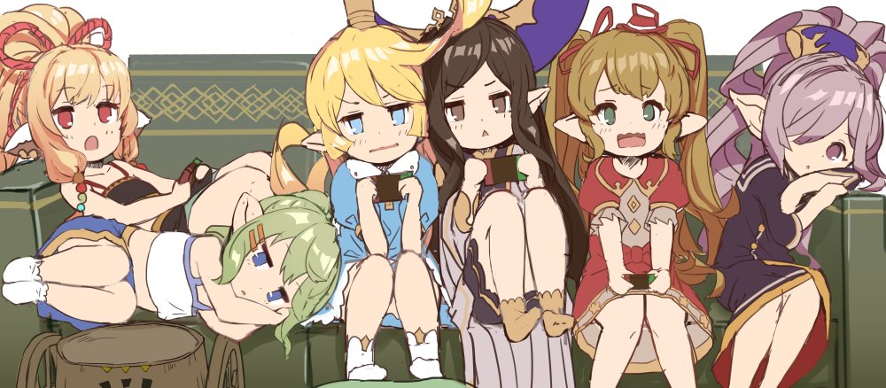 arulumaya blonde_hair blue_eyes brown_eyes brown_hair charlotta_fenia commentary_request couch crown dress drusilla eyebrows_visible_through_hair frills girl_sandwich granblue_fantasy green_eyes green_hair hair_ornament hair_over_one_eye hairclip harvin hat mahira_(granblue_fantasy) mimlememel multiple_girls nio_(granblue_fantasy) o_(rakkasei) pointy_ears ponytail purple_eyes purple_hair red_eyes sandwiched socks tank_top triangle_mouth twintails wavy_hair