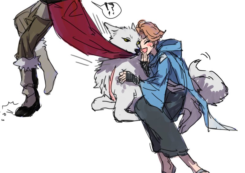 1girl 2boys alucard_(castlevania) blonde_hair blush boots brown_hair castlevania castlevania_iii:_dracula's_curse chest_scar closed_eyes commentary_request eyeliner fantasy fur-trimmed_boots fur_trim gloves hand_to_own_mouth head_out_of_frame hood hood_down hug laughing long_hair long_sleeves makeup multiple_boys piyox9 ralph_c_belmondo scar simple_background sitting sketch smile speech_bubble spoken_interrobang sypha_belnades tail_wagging weapon whip white_background white_fur white_hair white_wolf wolf yellow_sclera