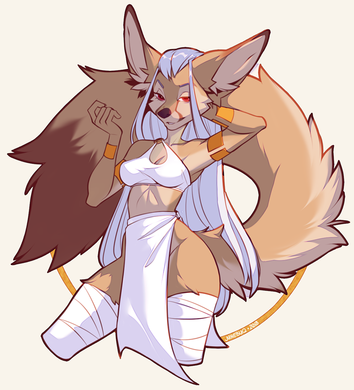 2018 anthro breasts brown_fur canine clothed clothing female fennec fox fur junebuq mammal red_eyes simple_background smile solo standing tan_fur wraps