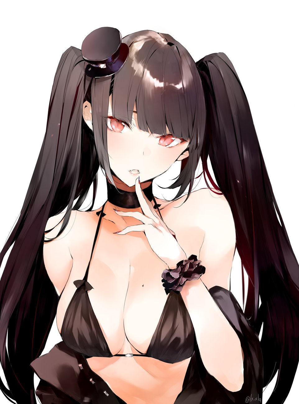 bare_shoulders bikini black_bikini black_bikini_top black_hair breasts choker cleavage collarbone eyelashes fangs finger_to_mouth fingernails glowing glowing_eyes hand_on_own_face hand_up hat head_tilt highres large_breasts long_hair looking_at_viewer mini_hat mini_top_hat mole mole_on_breast nail_polish off_shoulder open_clothes original parted_lips red_eyes scrunchie shunsei_(muratou) simple_background slit_pupils solo swimsuit top_hat twintails upper_body white_background wrist_scrunchie