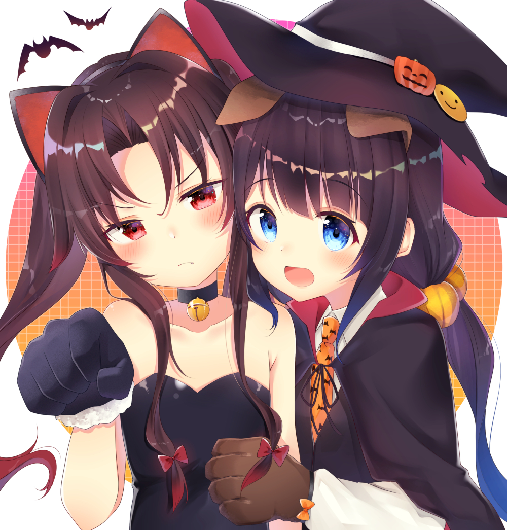 :d animal_ears animal_print bare_shoulders bat bat_print bell bell_choker black_gloves black_hair black_hat blue_eyes blush brown_gloves brown_hair cat_ears choker collarbone commentary_request dog_ears eyebrows_visible_through_hair gloves gyozanuko halloween hat hinatsuru_ai long_hair looking_at_viewer multiple_girls necktie open_mouth orange_neckwear paw_gloves paw_pose paws red_eyes ryuuou_no_oshigoto! smile twintails witch_hat yashajin_ai