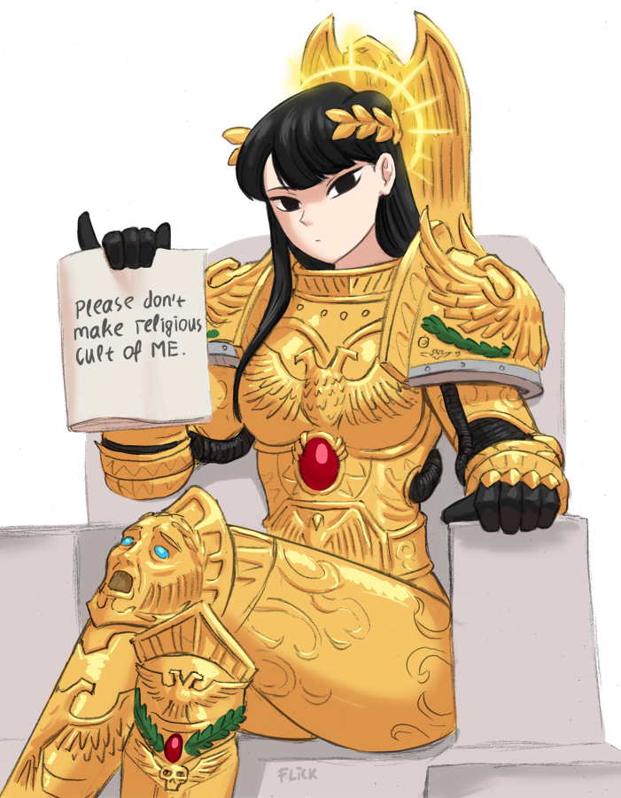 1girl armor black_eyes black_hair cosplay emperor_of_mankind emperor_of_mankind_(cosplay) english flick-the-thief gold_armor halo holding holding_sign komi-san_wa_komyushou_desu komi_shouko laurel_crown legs_crossed long_hair looking_at_viewer notebook pauldrons power_armor shiny sign signature simple_background solo throne two-headed_eagle warhammer_40k white_background