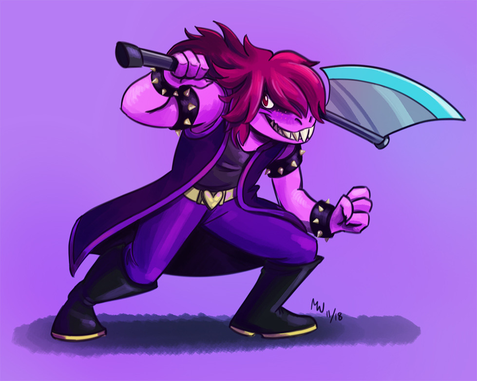 ambiguous_gender axe collar deltarune dragon girly hair long_hair lynxgriffin melee_weapon scalie sharp_teeth simple_background spikes susie_(deltarune) teeth weapon