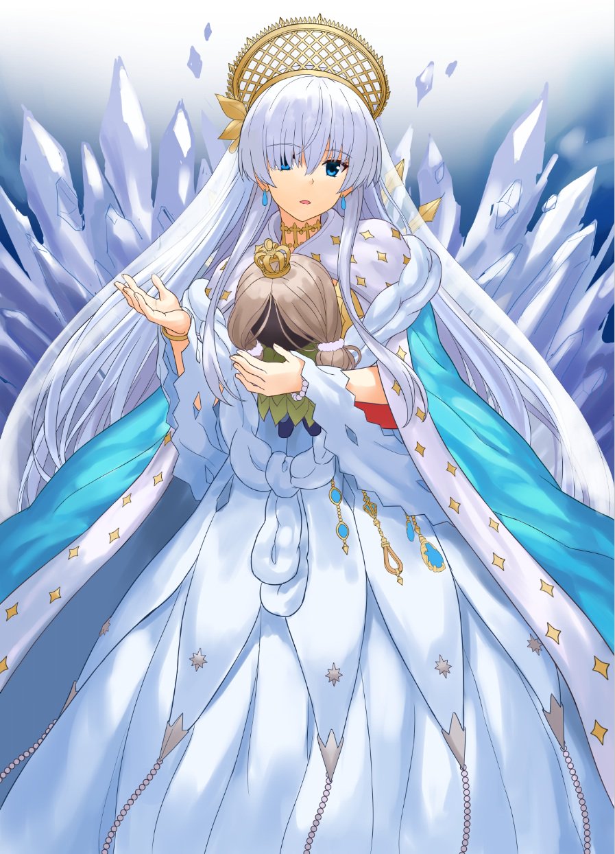 1girl anastasia_(fate/grand_order) blue_cape blue_eyes bracelet cape commentary_request crown dress earrings eyebrows_visible_through_hair fate/grand_order fate_(series) fur_trim highres holding ice jewelry long_dress long_hair npcpepper parted_lips pearl_bracelet silver_hair solo standing white_dress