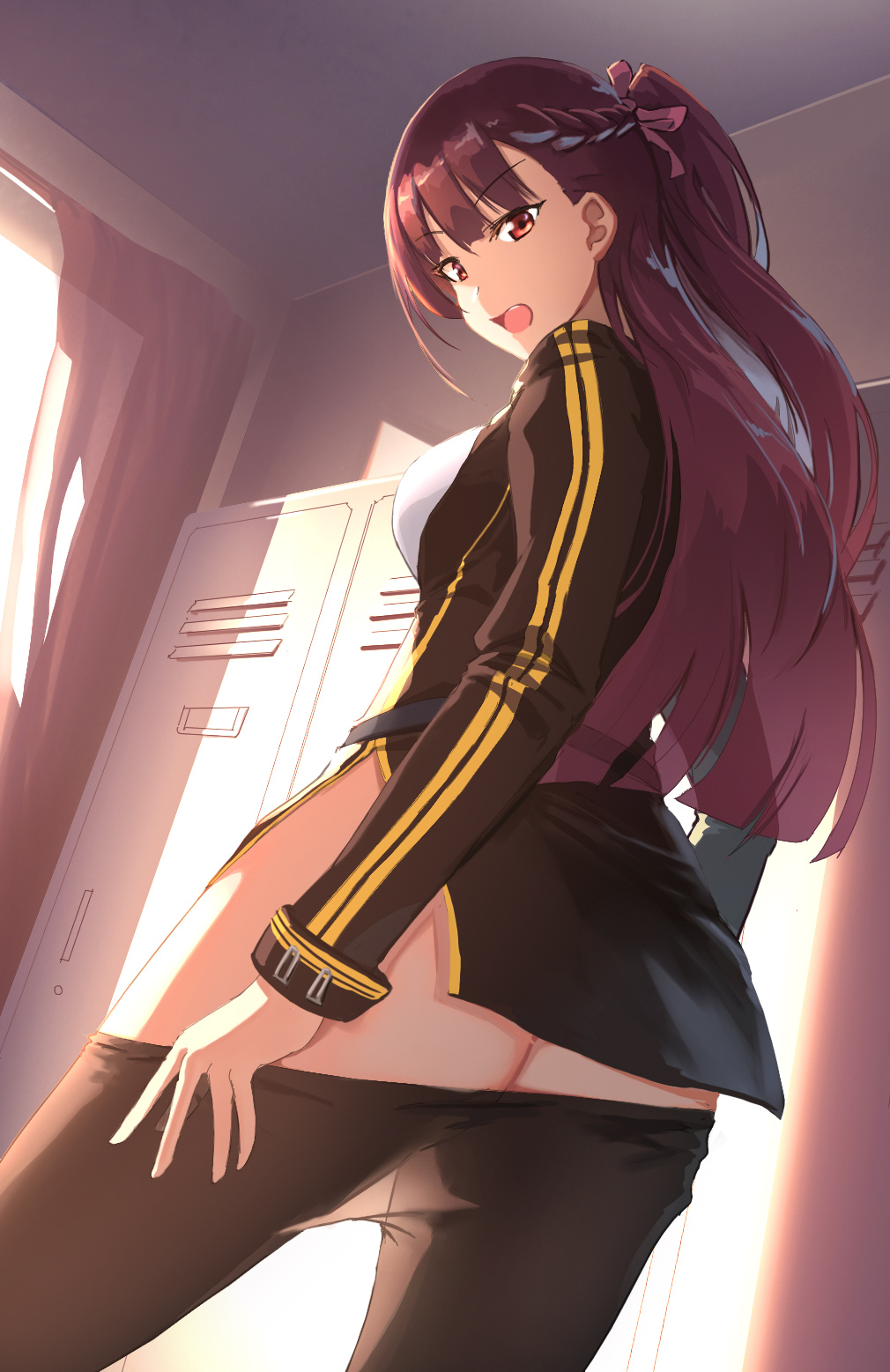 1girl ass black_legwear blazer commentary cowboy_shot curtains dutch_angle evening eyebrows_visible_through_hair framed_breasts gan-viking girls_frontline hair_ribbon half_updo high-waist_skirt highres indoors jacket locker long_hair looking_at_viewer no_panties one_side_up open_mouth pantyhose purple_hair red_eyes red_ribbon ribbon skirt solo strap sunlight thighs very_long_hair wa2000_(girls_frontline)