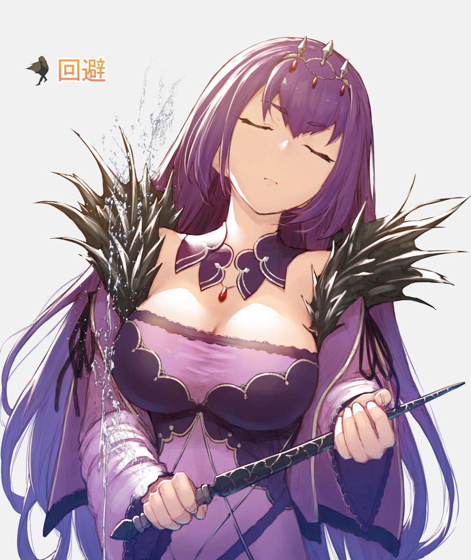 bangs bare_shoulders breasts cleavage closed_eyes closed_mouth commentary_request detached_collar dress fate/grand_order fate_(series) fur_trim hair_between_eyes jewelry large_breasts long_hair necklace pendant purple_dress purple_hair pyz_(cath_x_tech) scathach_(fate)_(all) scathach_skadi_(fate/grand_order) simple_background solo squirting tiara wand water white_background