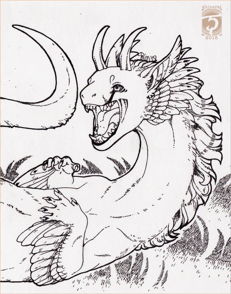 2018 ambiguous_gender dragon feathered_dragon feathers fur furred_dragon hair horn open_mouth shinerai sketch teeth tongue traditional_media_(artwork)