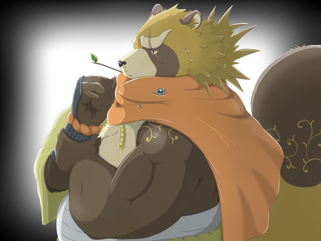 2018 anthro belly canine clothing gyobu humanoid_hands jinku_56 leaf male mammal overweight overweight_male robe scar simple_background solo tanuki tokyo_afterschool_summoners