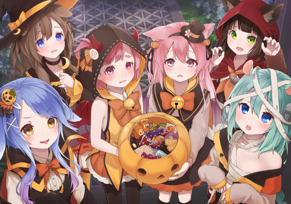 animal_ears aqua_hair arm_warmers azur_lane bandaged_head bandages bangs bare_shoulders basket bell black_choker black_hair black_hat black_legwear black_ribbon black_skirt black_vest blue_eyes blunt_bangs blush bow bowtie braid brown_eyes brown_hair candy cat_ears center_frills chestnut_mouth choker claw_pose claws commentary_request cookie crescent crescent_hair_ornament crescent_moon_pin demon_horns demon_tail demon_wings dog_ears ears_through_headwear eyebrows_visible_through_hair fake_horns fang food food_themed_hair_ornament frilled_shirt_collar frilled_skirt frilled_sleeves frills fumizuki_(azur_lane) gradient_hair green_eyes hair_ornament hair_ribbon halloween halloween_costume hands_on_own_chest hat hat_bow holding hood hood_up horns jingle_bell kisaragi_(azur_lane) kneehighs long_hair long_sleeves looking_at_viewer mikazuki_(azur_lane) minazuki_(azur_lane) mouse_ears multicolored_hair multiple_girls mutsuki_(azur_lane) neckerchief off_shoulder orange_bow orange_neckwear orange_skirt outdoors pantyhose pink_hair pov pumpkin_hair_ornament purple_eyes purple_hair ribbon ribbon-trimmed_legwear ribbon_trim sarashi screw shirt short_hair sidelocks single_braid skirt sleeveless sleeves_past_wrists smile standing stitches sumi_(kjtd2458) swept_bangs tail thick_eyebrows tongue tongue_out two_side_up upper_teeth uzuki_(azur_lane) v-shaped_eyebrows vest wavy_mouth white_shirt wings witch_hat wolf_ears x_hair_ornament yellow_bow