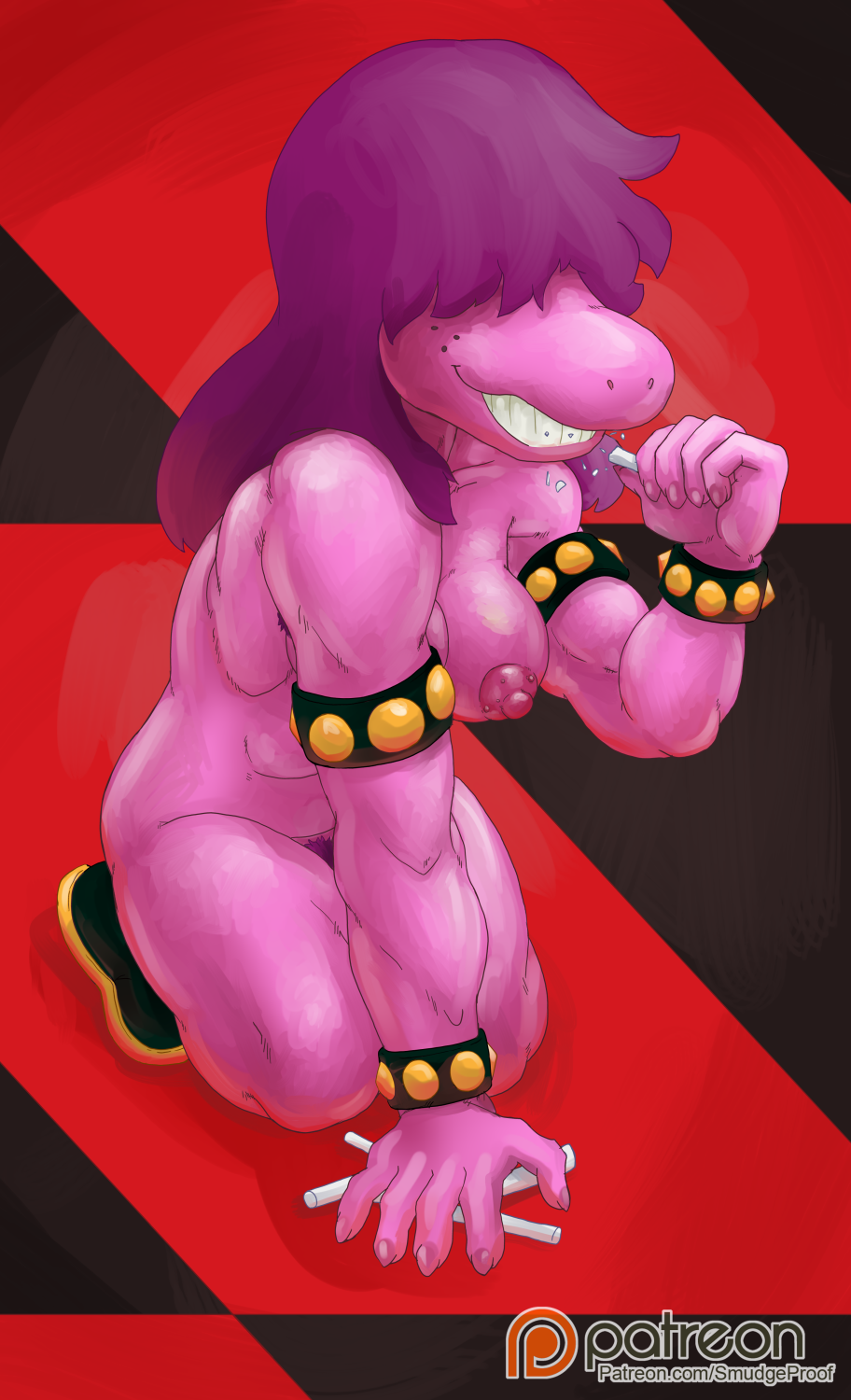 armband armpit_hair bite boots bracelet breasts chalk checkerboard clothing deltarune eating eating_chalk female fingernail footwear freckles grin jewelry kneeling montgomery_glands muscular muscular_female nipples pubes smile smudge_proof solo spiked_armband spiked_bracelet spikes susie_(deltarune) teeth