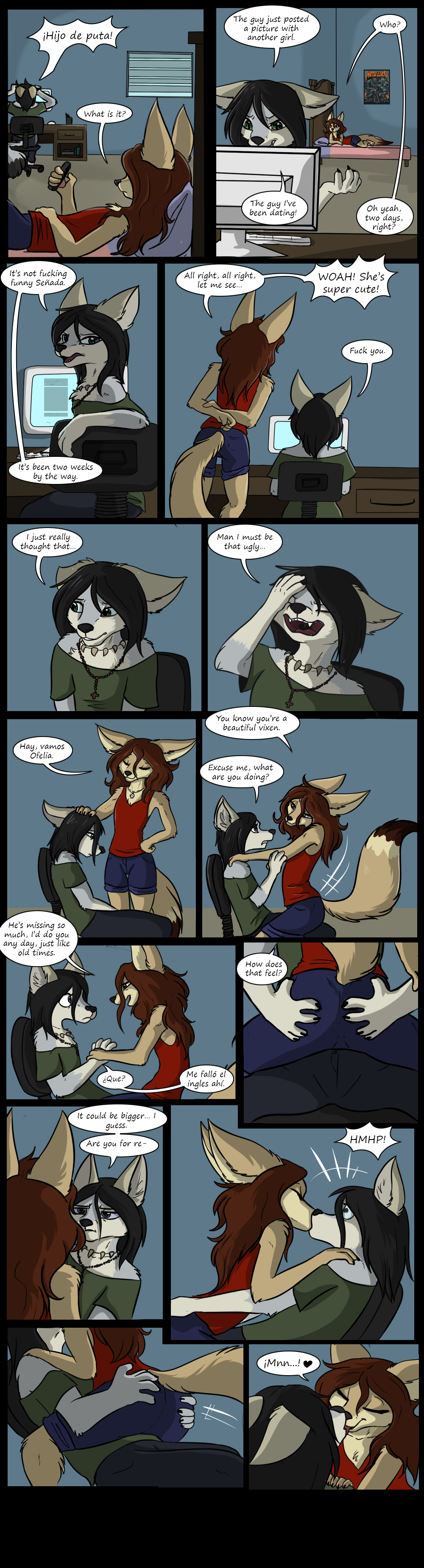 anthro canine comic duo el-gallo female female/female fox grey_fox kissing mammal roommates spanish