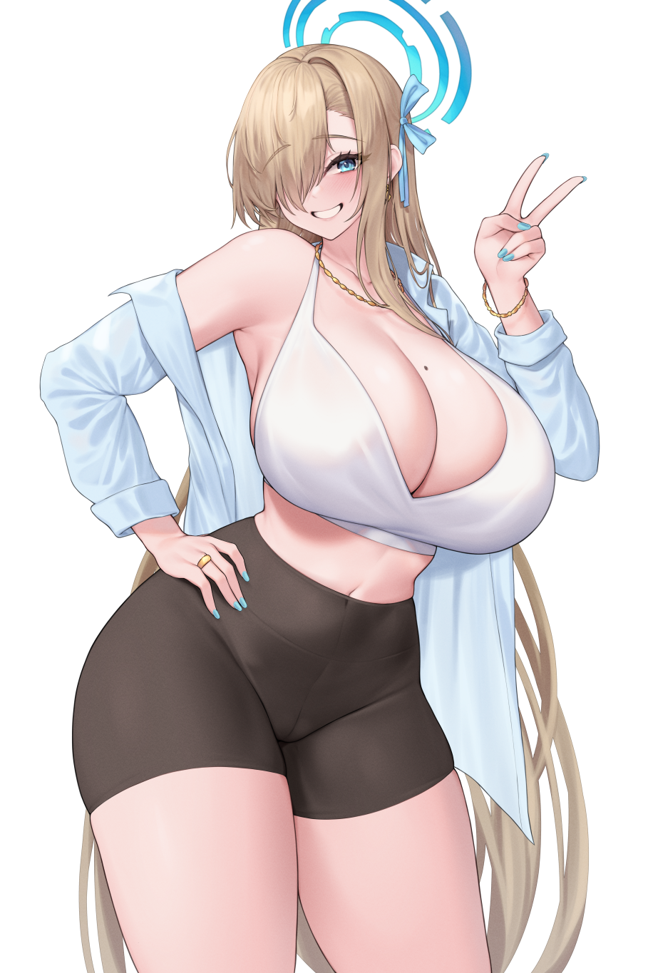 1girl aqua_nails asuna_(blue_archive) bare_shoulders bike_shorts black_pants black_shorts blonde_hair blue_archive blue_eyes blue_shirt bra breasts cleavage commentary_request cowboy_shot crop_top grin hair_over_one_eye halo head_tilt highres huge_breasts jewelry kuavera leggings long_hair looking_at_viewer midriff mole mole_on_breast nail_polish navel necklace off_shoulder open_clothes open_shirt pants shirt shorts simple_background skin_tight smile solo sports_bra standing thick_thighs thighs underwear very_long_hair white_background