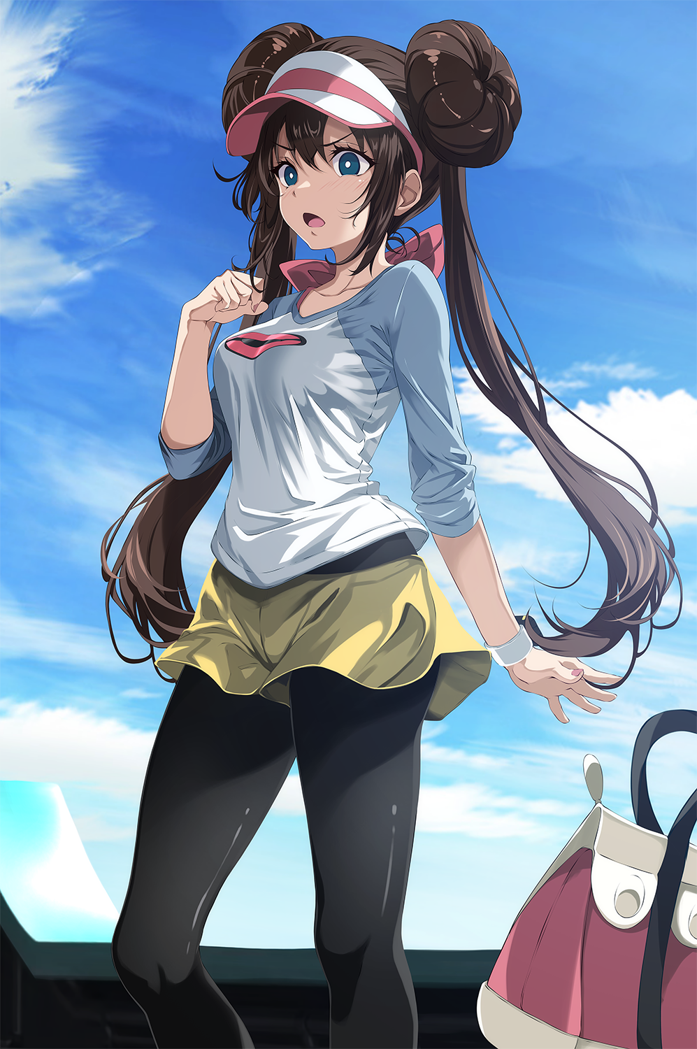 1girl black_pantyhose blue_sky blue_sleeves breasts brown_hair cloud collarbone double_bun floating_hair hair_bun highres long_hair medium_breasts pantyhose pantyhose_under_shorts poke_ball_print pokemon pokemon_bw2 print_shirt rosa_(pokemon) shirt short_shorts shorts sky solo standing tsukishiro_saika twintails very_long_hair visor_cap white_shirt wristband yellow_shorts