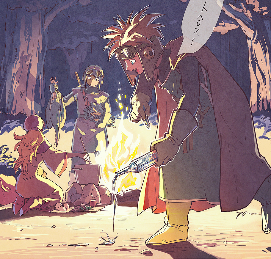 2boys blonde_hair breasts cape commentary_request dragon_quest dragon_quest_ii dress gloves goggles goggles_on_head goggles_on_headwear hat hood long_hair multiple_boys open_mouth potion prince_of_lorasia prince_of_samantoria princess_of_moonbrook spiked_hair sword weapon yuza