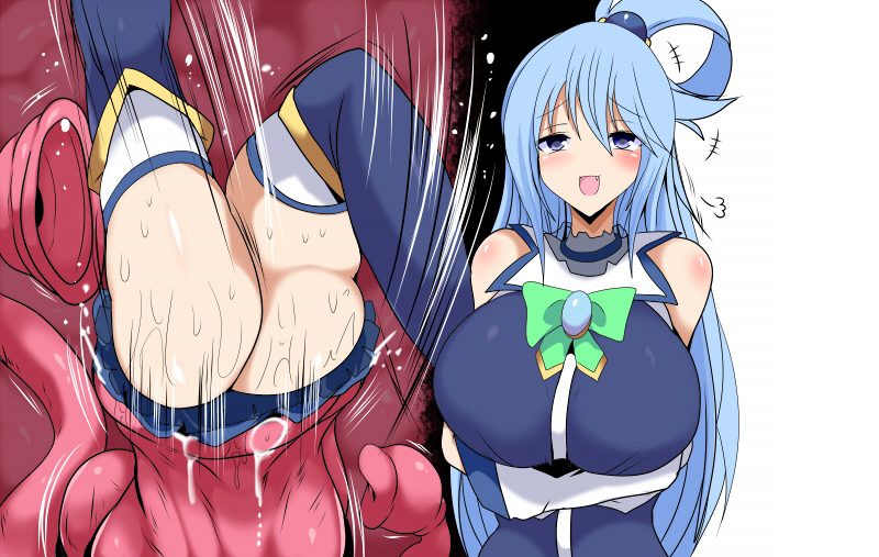 aqua_(konosuba) big_breasts blue_bottomwear blue_clothing blue_eyes blue_hair blue_legwear blue_skirt blue_sleeveless_shirt blue_stockings bottomless bottomwear breasts butt clothed clothing digital_media_(artwork) female female_prey green_ribbon hair human konosuba:_god's_blessing_on_this_wonderful_world! legwear light_body light_skin mammal open_mouth oral_vore pink_tentacles skirt solo stockings tentacle_creature tentacles vore yakumodaisuki