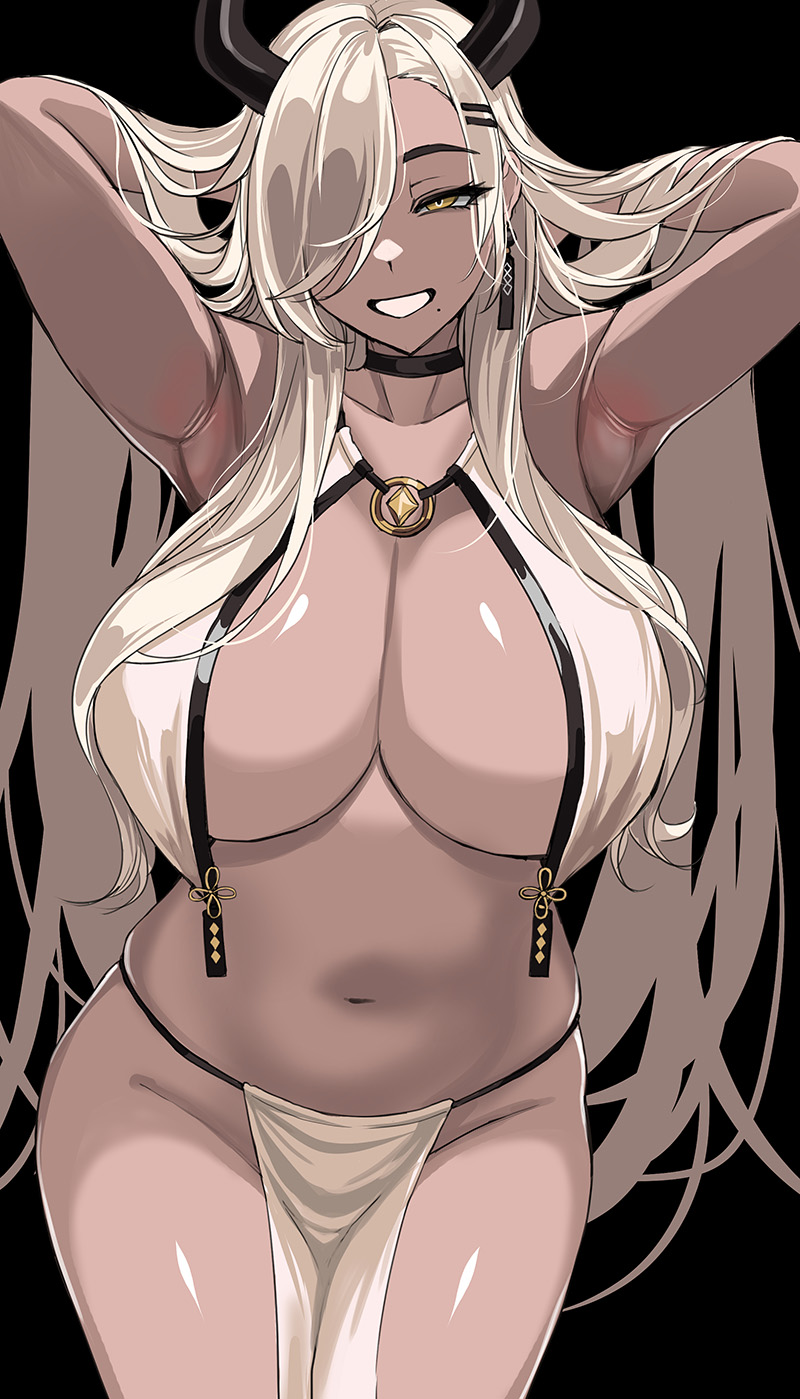 1girl armpits arms_up azur_lane black_background black_choker black_horns blonde_hair blush breasts choker cleavage collarbone commentary_request cowboy_shot earrings hair_ornament hair_over_one_eye hairclip hands_in_hair hella_p highres horns jewelry korean_commentary large_breasts long_hair looking_at_viewer mole mole_under_mouth navel one_eye_covered owari_(azur_lane) pelvic_curtain simple_background smile solo stomach thighs
