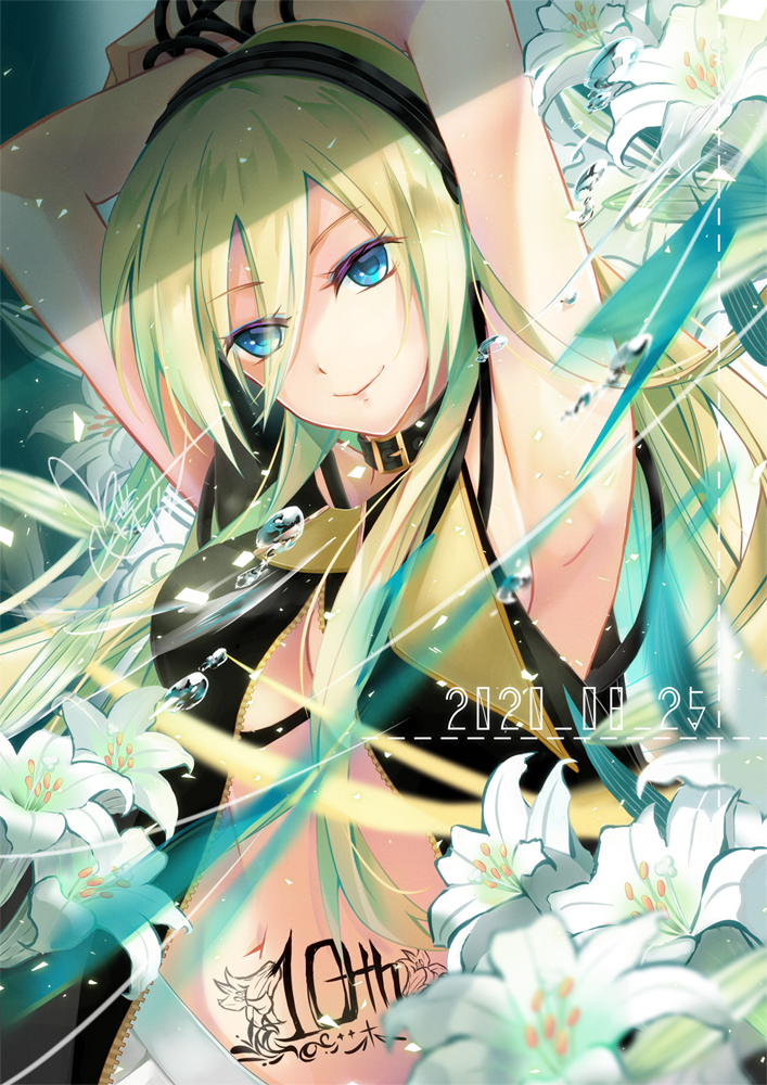 1girl 2020 armpits arms_up black_hairband blonde_hair breasts cleavage floating_hair flower hairband lily_(flower) lily_(vocaloid) long_hair medium_breasts midriff navel solo stomach tyouya unzipped upper_body vocaloid white_flower