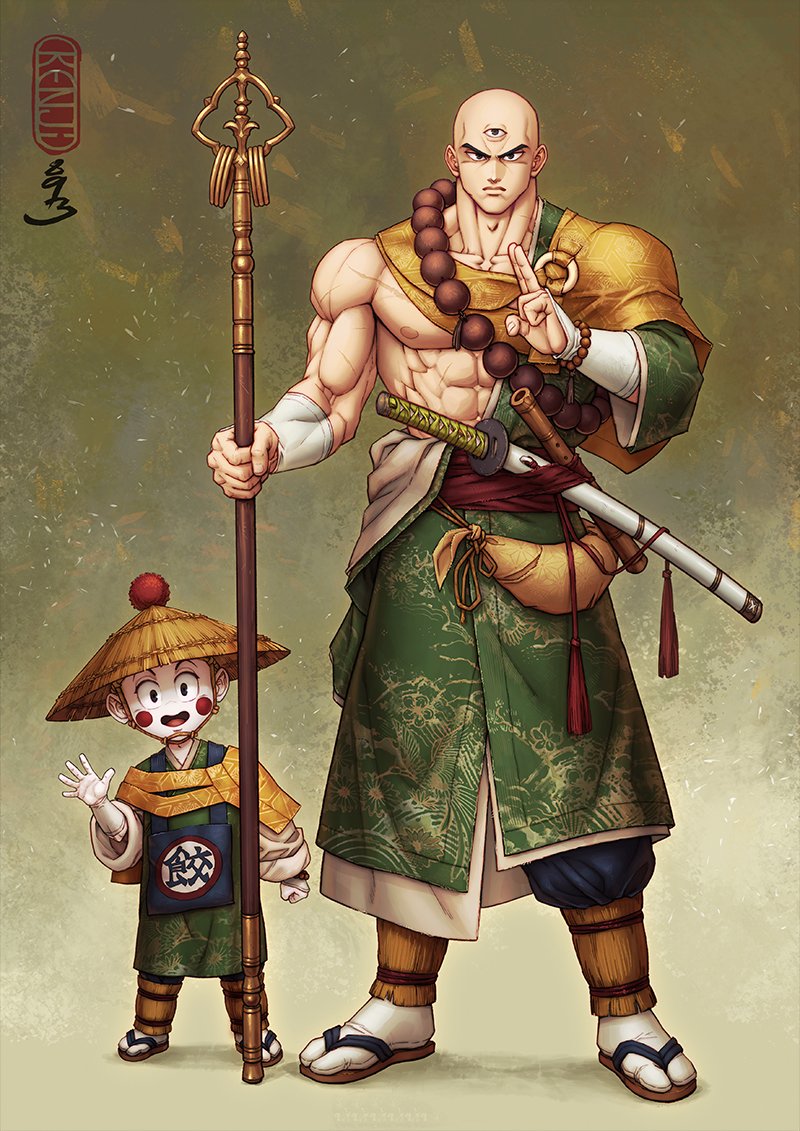 2boys abs alternate_costume artist_name bald bead_bracelet beads black_eyes blue_pants bracelet buddhism chaozu closed_mouth collarbone colored_skin dragon_ball dragon_ball_(classic) dragon_ball_z extra_eyes facing_viewer flute full_body green_kimono guillem_dauden hat holding holding_staff instrument japanese_clothes jewelry katana kimono kimono_partially_removed looking_at_viewer male_focus monk multiple_boys muscular muscular_male no_nose open_mouth pants pants_tucked_in pectorals prayer_beads sandals sash scar scar_on_arm scar_on_chest shakujou sheath sheathed simple_background size_difference smile socks staff straw_hat sword tabi tassel tenshinhan toned toned_male waving weapon white_skin white_socks
