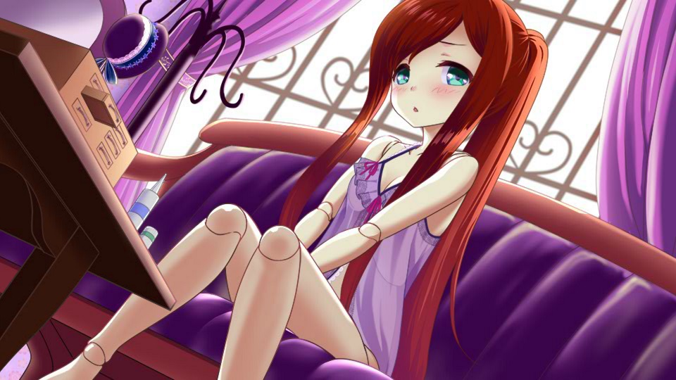 1girl artist_request babydoll belle_(monster_musume) blue_eyes blush bow breasts cleavage couch curtains doll_joints game_cg hat hat_bow joints looking_at_viewer monster_musume_no_iru_nichijou monster_musume_no_iru_nichijou_online official_art orange_hair ponytail purple_babydoll purple_bow purple_headwear sidelocks sitting small_breasts solo unworn_headwear window