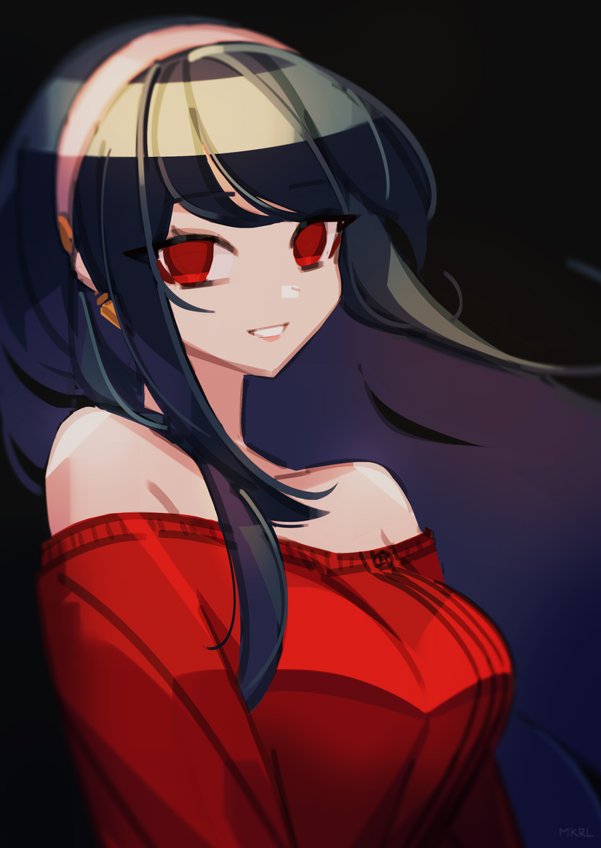 1girl black_background black_hair earrings gold_earrings hairband highres jewelry long_hair looking_at_viewer makaroll off-shoulder_sweater off_shoulder pink_hairband red_eyes red_sweater solo spy_x_family sweater yor_briar