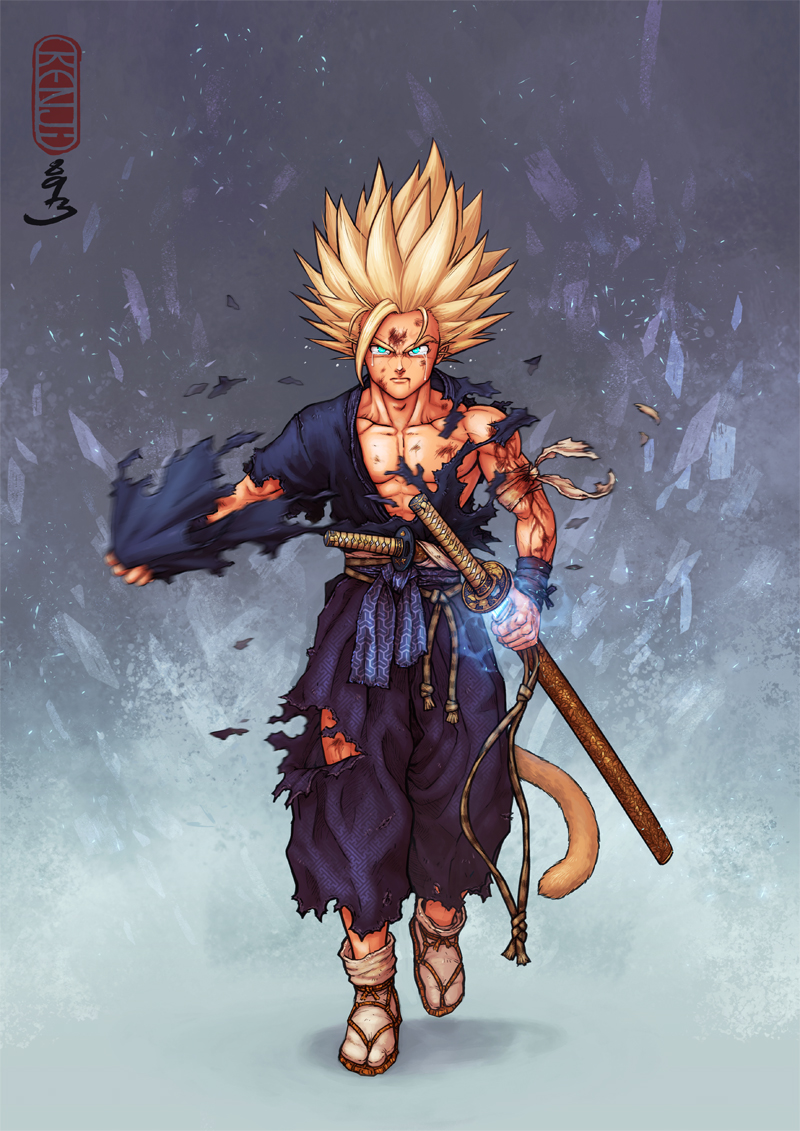 1boy abs alternate_costume arm_wrap artist_name bandaged_arm bandages blonde_hair closed_mouth collarbone dragon_ball dragon_ball_z facing_viewer full_body furrowed_brow glowing glowing_sword glowing_weapon green_eyes guillem_dauden holding holding_sword holding_weapon injury japanese_clothes katana looking_at_viewer male_focus muscular pants pectorals purple_pants purple_shirt samurai sash sheath sheathed shirt short_sleeves simple_background solo son_gohan spiked_hair super_saiyan super_saiyan_2 sword tabi tearing_clothes tears toned toned_male torn_clothes torn_pants torn_shirt unsheathing walking waraji weapon