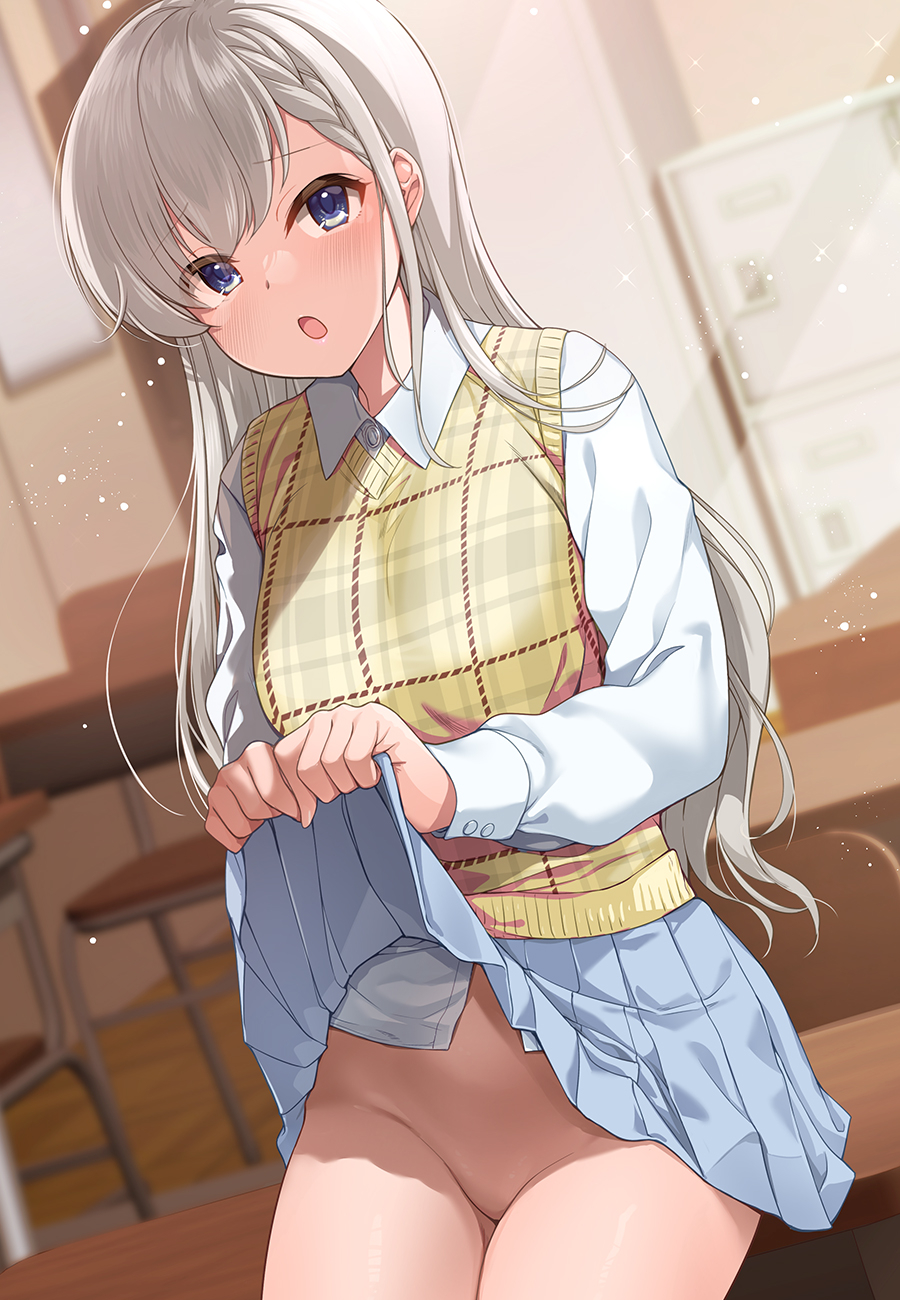 1girl :o blue_eyes blue_skirt blush braid braided_bangs breasts chair checkered_clothes checkered_vest clothes_lift desk grey_hair highres hisakawa_hayate idolmaster idolmaster_cinderella_girls idolmaster_cinderella_girls_starlight_stage lifted_by_self long_hair looking_at_viewer medium_breasts mk_(mod0) no_panties open_mouth school_chair school_desk shirt skirt skirt_lift solo thighs vest white_shirt yellow_vest