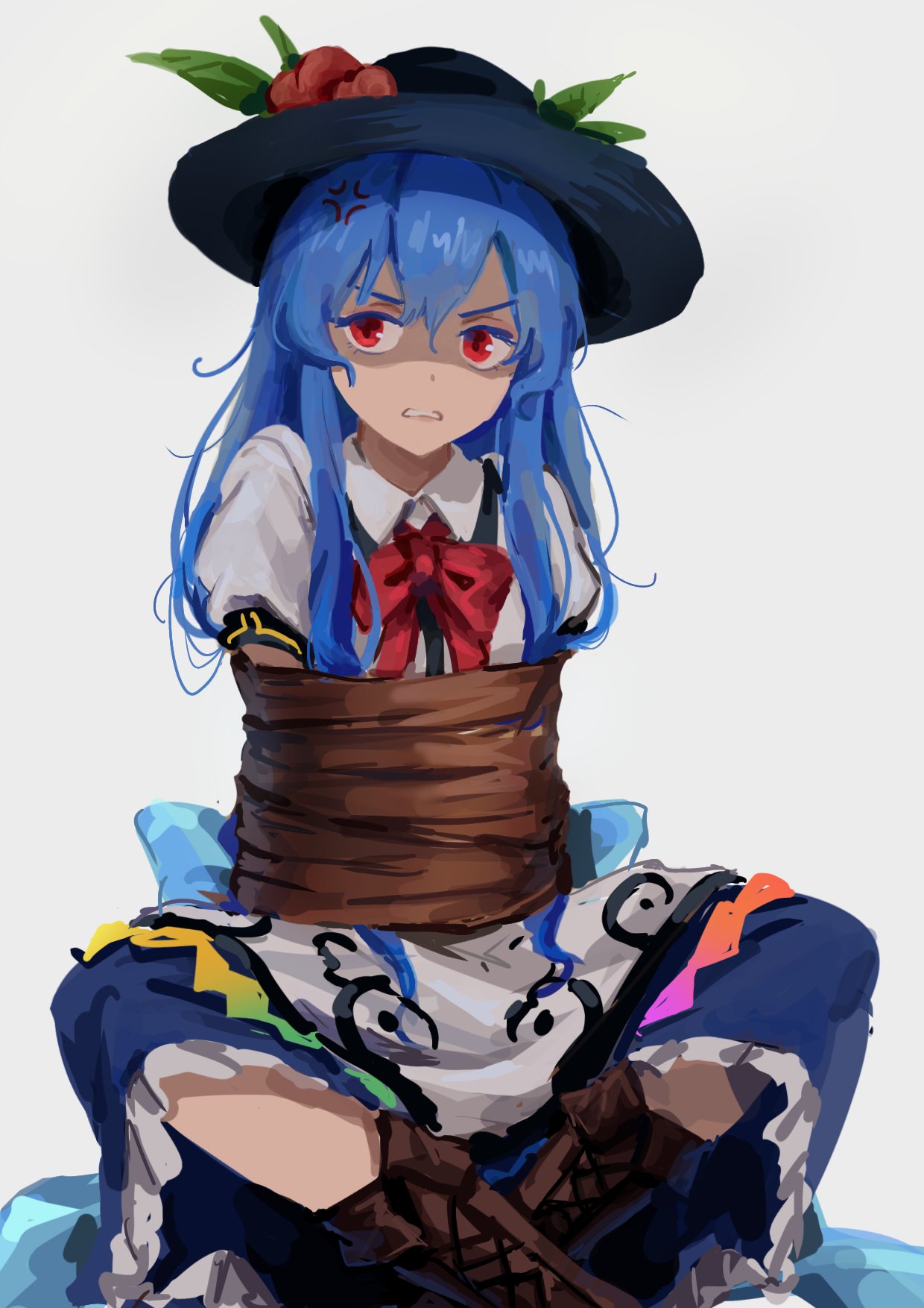 1girl anger_vein black_headwear blue_hair blue_skirt bow bowtie brown_footwear commentary cross-laced_footwear english_commentary full_body grey_background highres himuhino hinanawi_tenshi leaf long_hair looking_at_viewer peach_hat_ornament red_bow red_bowtie red_eyes restrained short_sleeves sidelocks simple_background sitting skirt sleep_molestation solo touhou