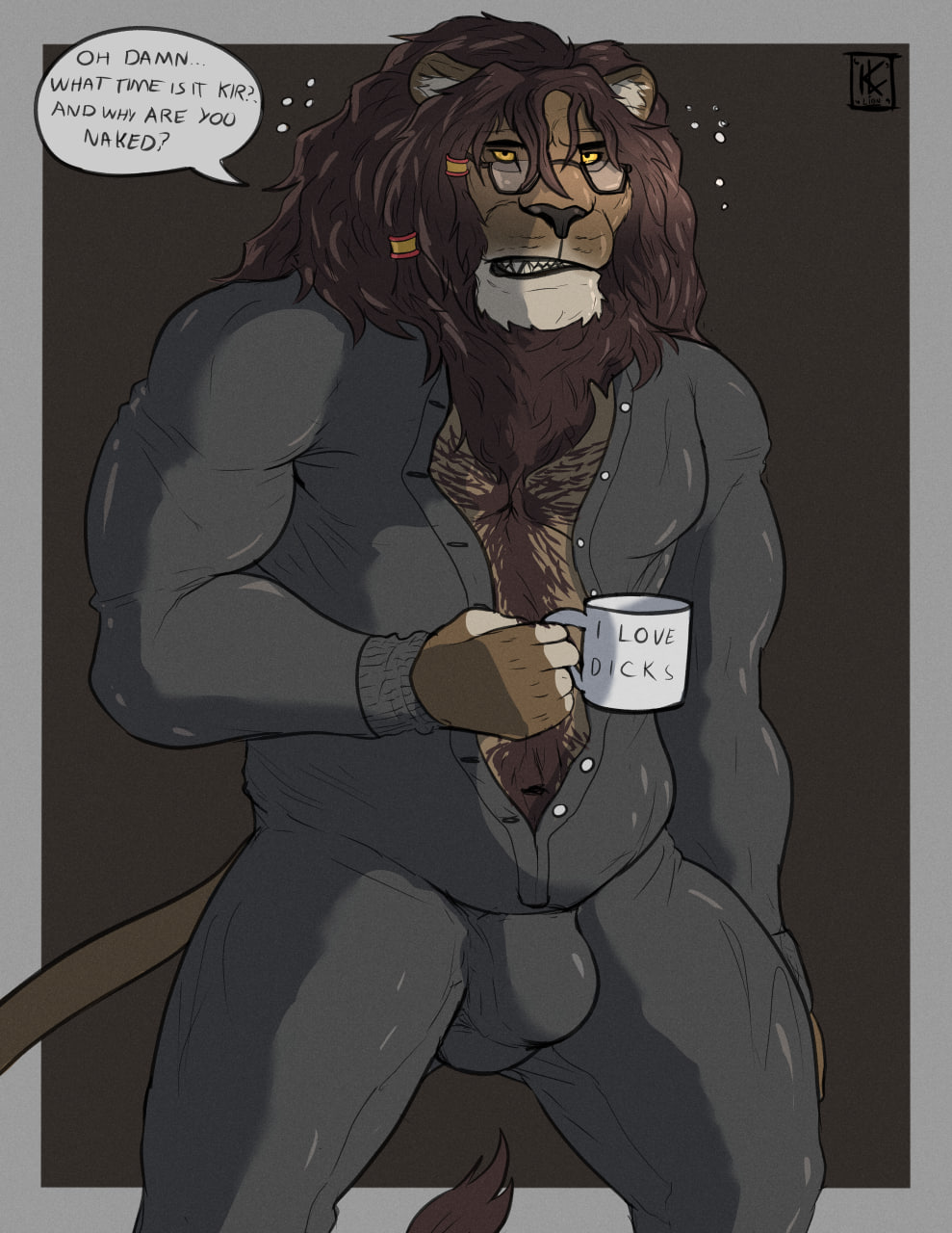anthro armin_leopold body_hair brown_body brown_fur bulge chest_hair chubby_anthro chubby_male clothing coffee_cup coffee_mug container cup dialogue english_text eyewear felid fur glasses hi_res kirlanlion lion male mammal mane mature_anthro mature_male mug musclegut muscular muscular_anthro muscular_male onesie onesie_open pajamas pantherine slightly_chubby snarling solo speech_bubble text tired yellow_eyes