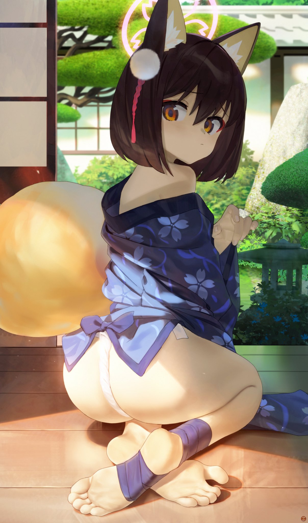 1girl animal_ear_fluff animal_ears architecture ass barefoot blue_archive blue_kimono brown_hair east_asian_architecture expressionless feet fox_ears from_behind full_body fundoshi garden halo hand_up highres indoors izuna_(blue_archive) japanese_clothes kimono kneeling looking_at_viewer looking_back off_shoulder orange_eyes petal_print pink_halo short_hair shouji sliding_doors soles solo songchuan_li stone_lantern toes